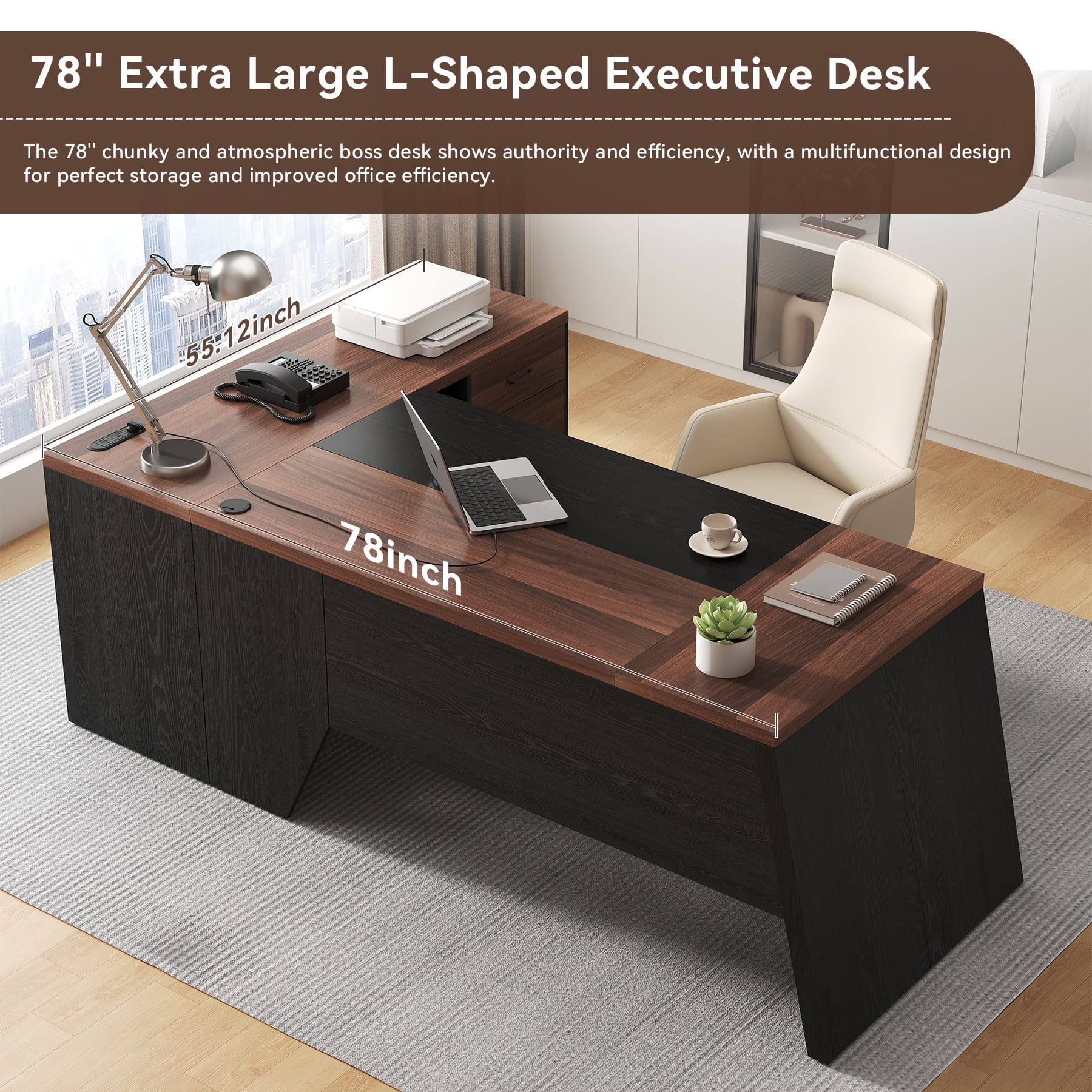 L-Shaped Executive Desk with Power Outlet, 78-Inch Large Office Desk with Storage Drawer and Lateral File Cabinet, Modern Computer Table with Open Shelf and PC Stand for Study, Brown Black