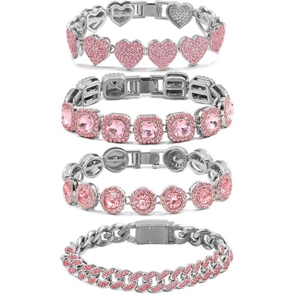 4PCS Gold Plated Bracelets Set: 2000 Crystal Rhinestone Tennis Bracelet, Heart Cuban Chain Anklets for Women, Everyday Layered Jewelry for Party Work Gif