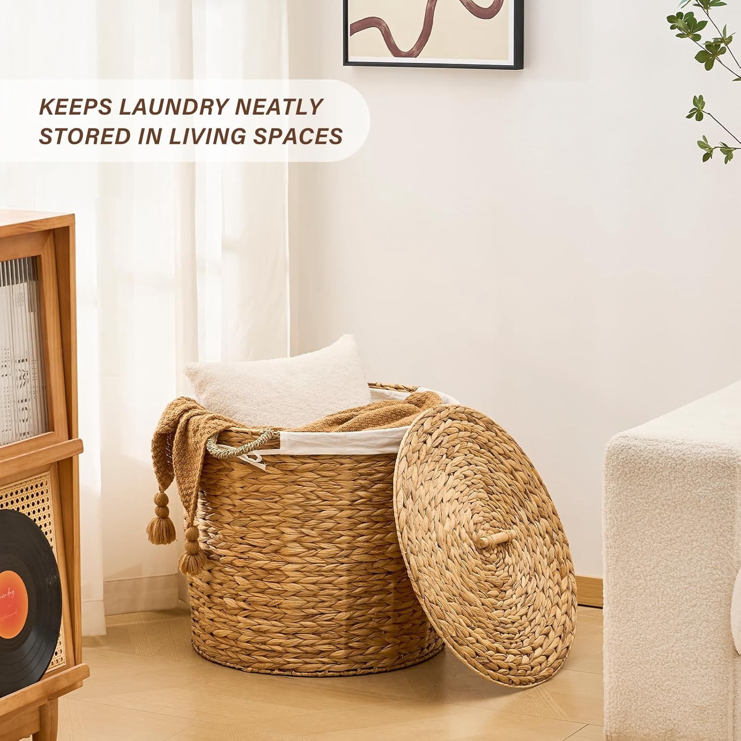 Casa Pura Furniture Handwoven Laundry Hamper with Lid, Storage Basket for Bathroom, Laundry Room & Bedroom, Natural, Large