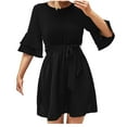 thumbnail image 5 of Wycnly Womens Dresses Fashion Flared Sleeve Solid Elastic Waist Swing A Line Mini Dresses with Belt Summer Plain Crewneck Elbow-Length Formal Short Dress Black s, 5 of 7