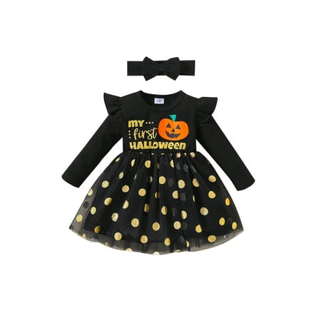 

CenturyX Kids Baby Girls Halloween Dress Headband Pumpkin Dots Print Long Sleeve Tutu Skirt Party Dress Black 3-4 Years