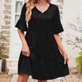 thumbnail image 1 of Robes pour Femmes 2024 Été Ample Décontractée Col en V devant Jupe Lacée Taille Haute Robe Ample Manches Courtes Col en V Longueur Genou 50 % de Rabais Liquidation!, 1 of 4