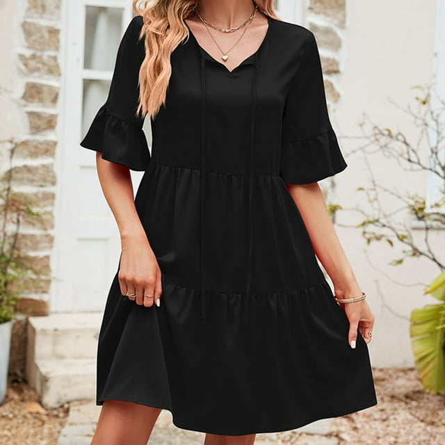 Robes pour Femmes 2024 Été Ample Décontractée Col en V devant Jupe Lacée Taille Haute Robe Ample Manches Courtes Col en V Longueur Genou 50 % de Rabais Liquidation!