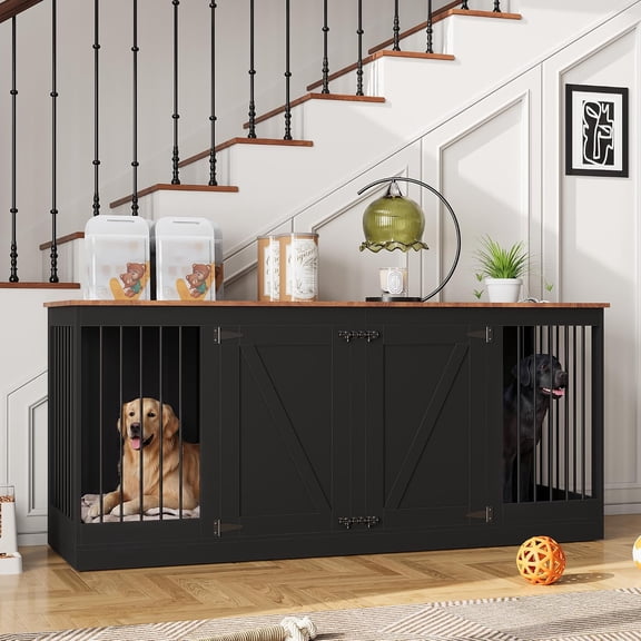 Furniture-Style Indoor Dog Crate - 70.8in Large Wooden Kennel TV Stand for 2 Dogs with Removable Divider - Reinforced Steel Bars, 2 Lockable Doors