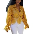 thumbnail image 4 of IROINNID Deals Womens Long Sleeve V-Neck Shirts ’s Sexy Ruffle Summer Puff Flare Shirt Hollow Out Tunic Blouses Tops,Yellow, 4 of 8