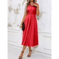 thumbnail image 6 of Red Solid Minimalist Stand Collar Sleeveless A-Line Midi Dress For Women, 6 of 7