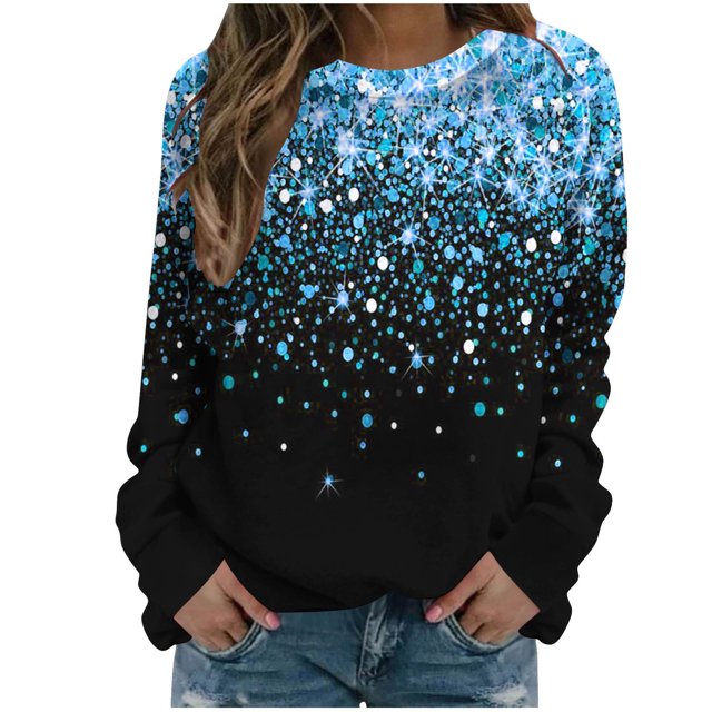 Bowake Sweat à Manches Longues à Sequins pour Femmes Col Rond Décontracté Hauts Pailletés pour Sortir Blouses de Fête