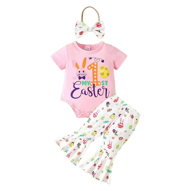 MIASHUI Easter Baby Girls Clothes Outfits Ruffle Short Sleeve Romper Flare Pants Headband Set,Pink,3-6 Months