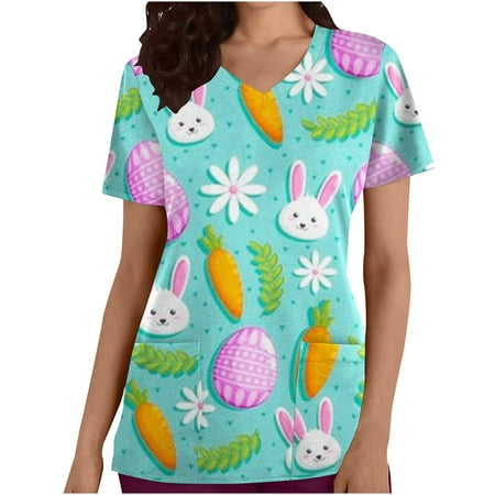 

Ecqkame Easter Nursing Scrub Tops for Women Easter Eggs Bunny Rabbit Printed Working Uniform Blouse T-shirt Casual Short Sleeve V-neck Blouse Tops With Pocket Green L on Clearance