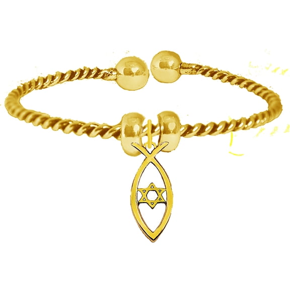 Messianic, Yeshua, Christian Fish With Star Of David Inside, Antique 14 KT Goldtone Adjustable Cuff Bracelet,  Removable Ends, Allows You To Add Additional Charms With No Tools. Hypoallergenic-Safe