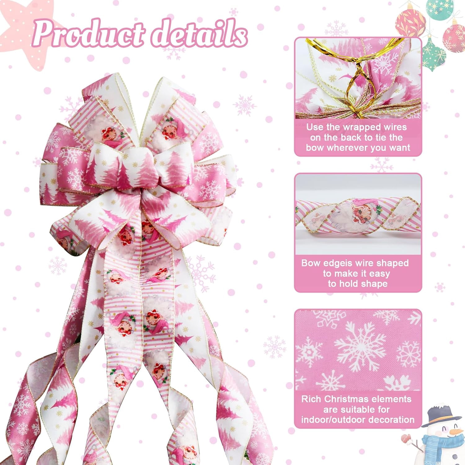 Large Christmas Tree Topper Bow 52x13 Inch, Pre-Tied Wired Ribbon Wreath Bows, Xmas Ornaments with Long Wired Edge Streamer for Holiday Thanksgiving Indoor Outdoor Party Decoration (Pink)