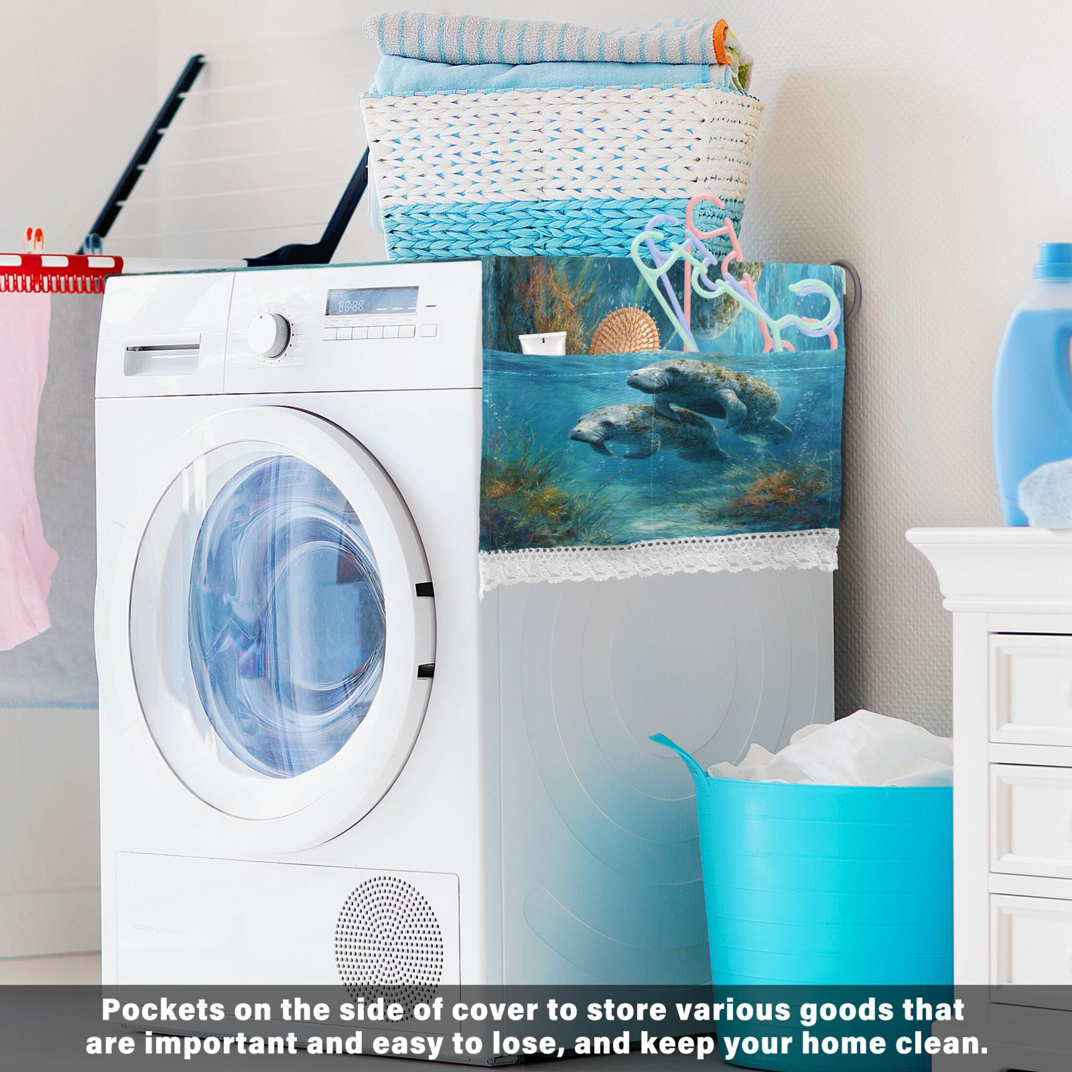 Wobogo Cute Manatee Washing Machine Cover Dustproof Washer Dryer Cover Waterproof Laundry Room Decorative Protector