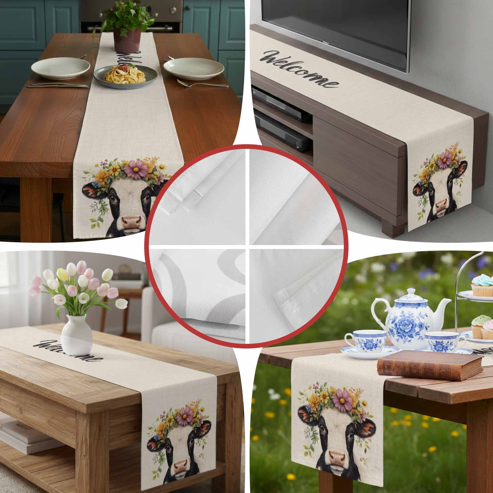 Farmhouse Cow Colorful Garland Table Runner 90 Inches Long, Retro Linen Texture Table Runners Tabletop Scarf Kitchen Dining Tables Decoration for Home Party Indoor Outdoor