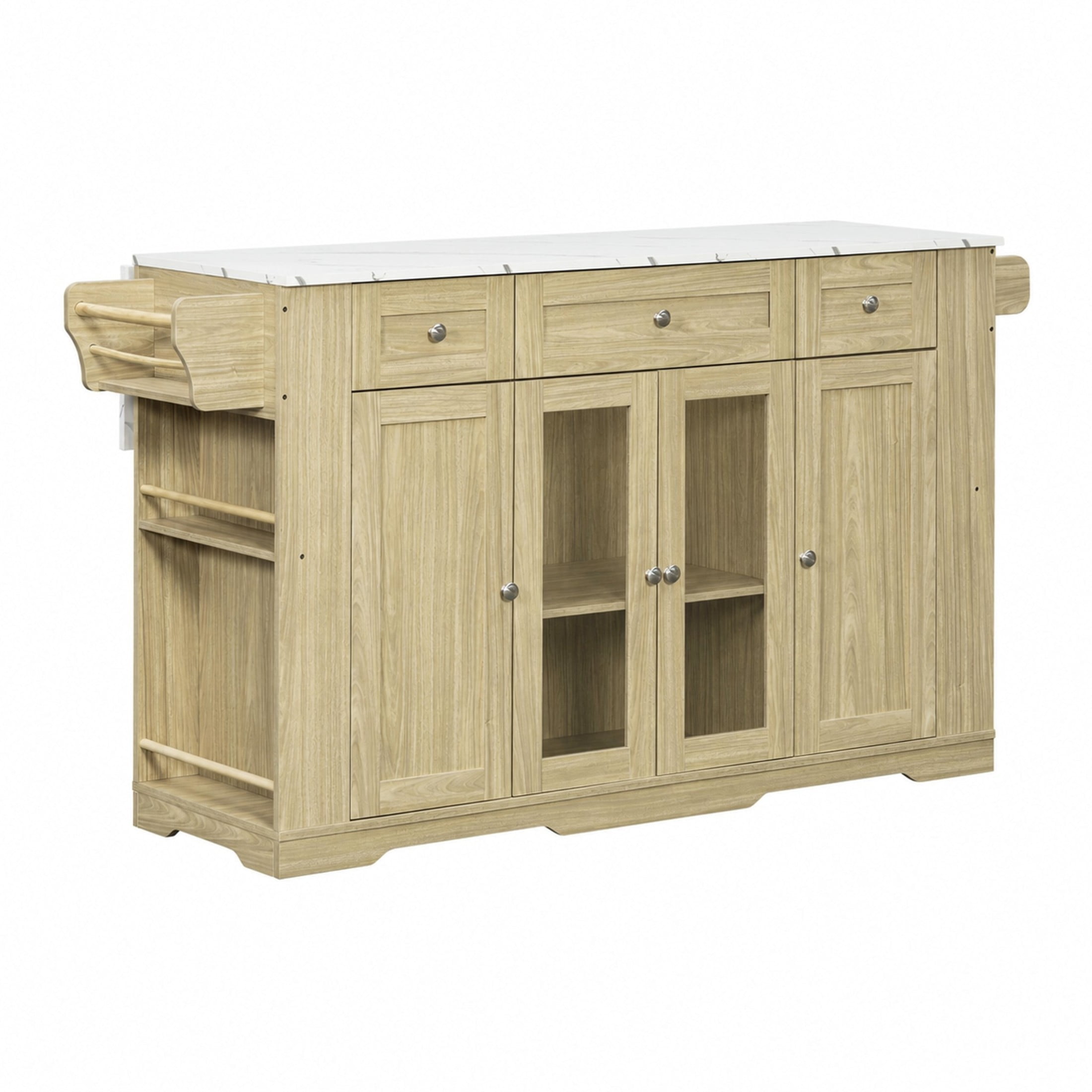 Christopher Knight Home 63" Mobile Kitchen Island Cart, Marble-Look Top, Multi‑Drawer Cabinet, Natural