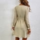 thumbnail image 4 of Vestido con cuello en V Color puro Globo Mangas largas Fibra de poliéster Vestido informal con cinturón para compras diarias Beige M, 4 of 6