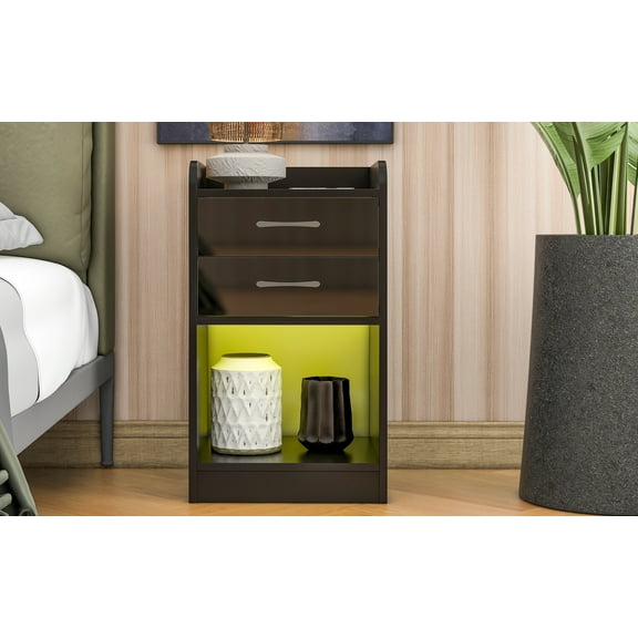 Nightstand for Bedroom, Black End Table w/2 Drawers & Storage Cabinet, Wireless Charging Station and 16-color LED Lights