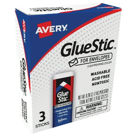 Avery Glue Stic Disappearing Purple Color for Envelopes, Washable, Nontoxic, 0.26 oz, 3 Sticks