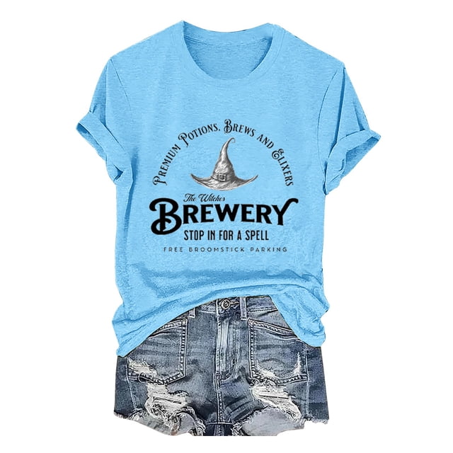T-Shirt à Manches Courtes pour Femmes Liquidation T-Shirt Mélangé pour Femmes T-Shirt à Col Rond pour Femmes the Wilches Brewery Stop in for A Spell Imprimé Massachusetts