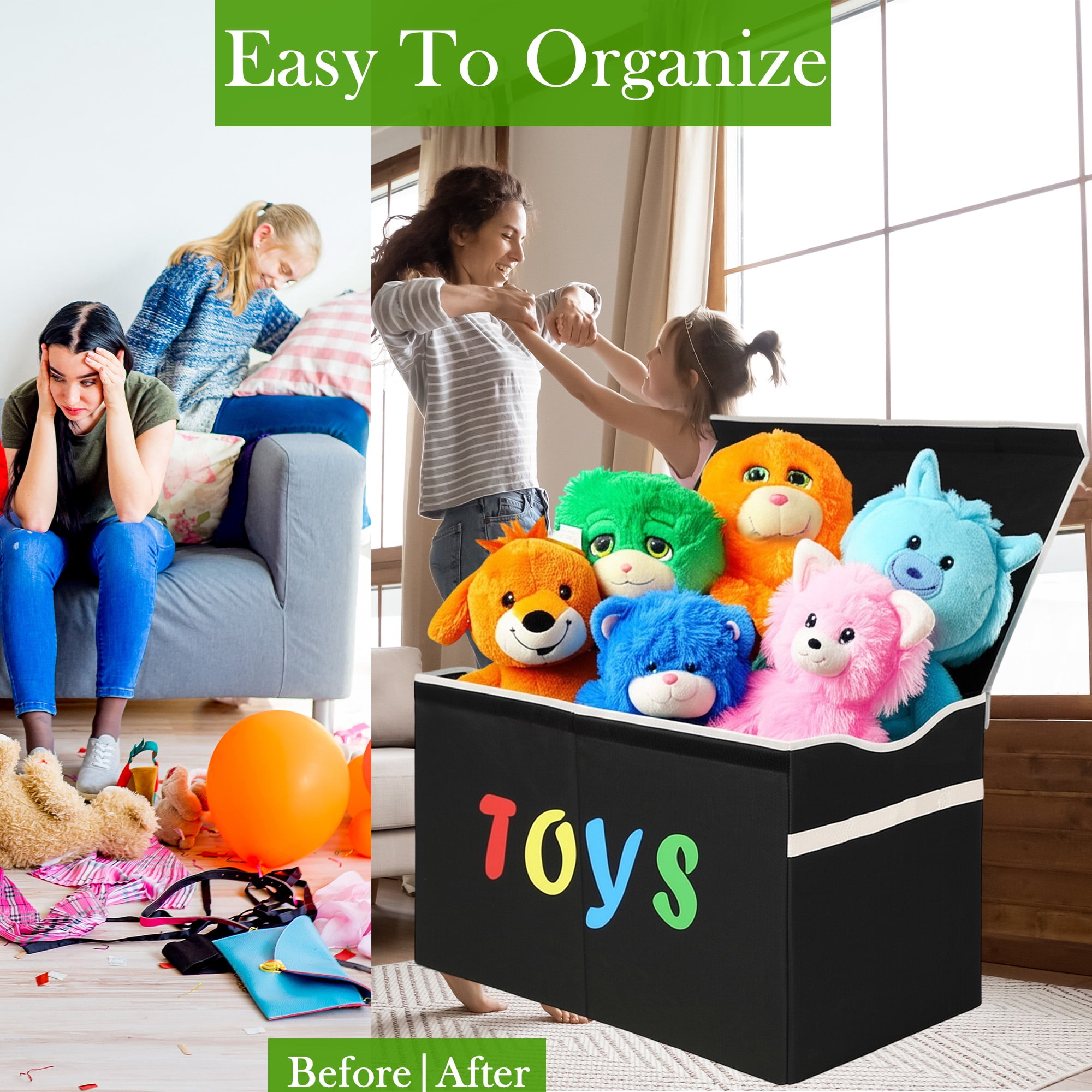 VICTORICH Extra Large Child Collapsible Toy Storage Fabric 32 gal Kids Room Toy Chests with Lid, Black