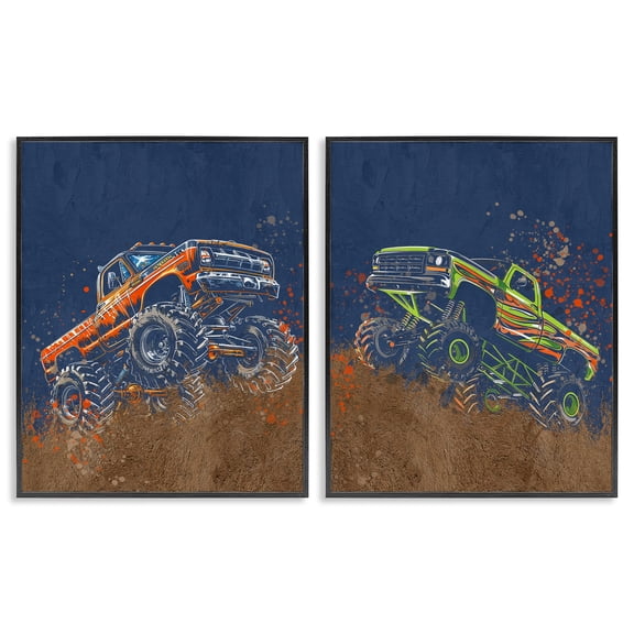 Monster Truck Jam 2 Piece Black Framed Giclee Art Set, design by Kim Allen