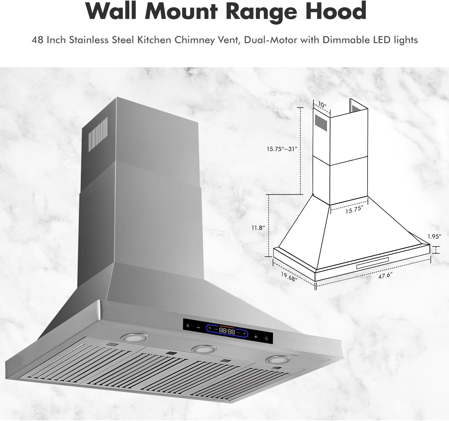 48 inch Wall Mount Range Hood Convertible Vent Dual Motors with Permanent Baffle Filters 1500 CFM Stainless Steel for Kitchen Gesture Sensing & Touch Control, 4 Speed Exhaust Fan, ETL Listed