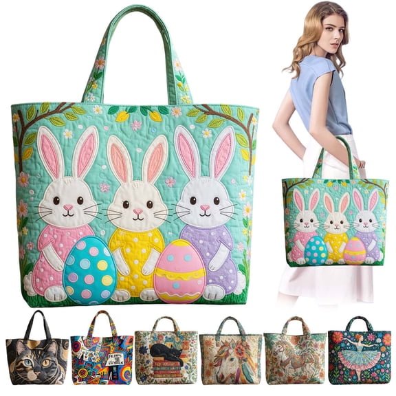 Virenlux Easter Day Vintage Quilted Tote Bag for Women Rabbit Print Lightweight Cotton Small Travel Shoulder Beach Purse Reusable Lunch Shopping Grocery Totes