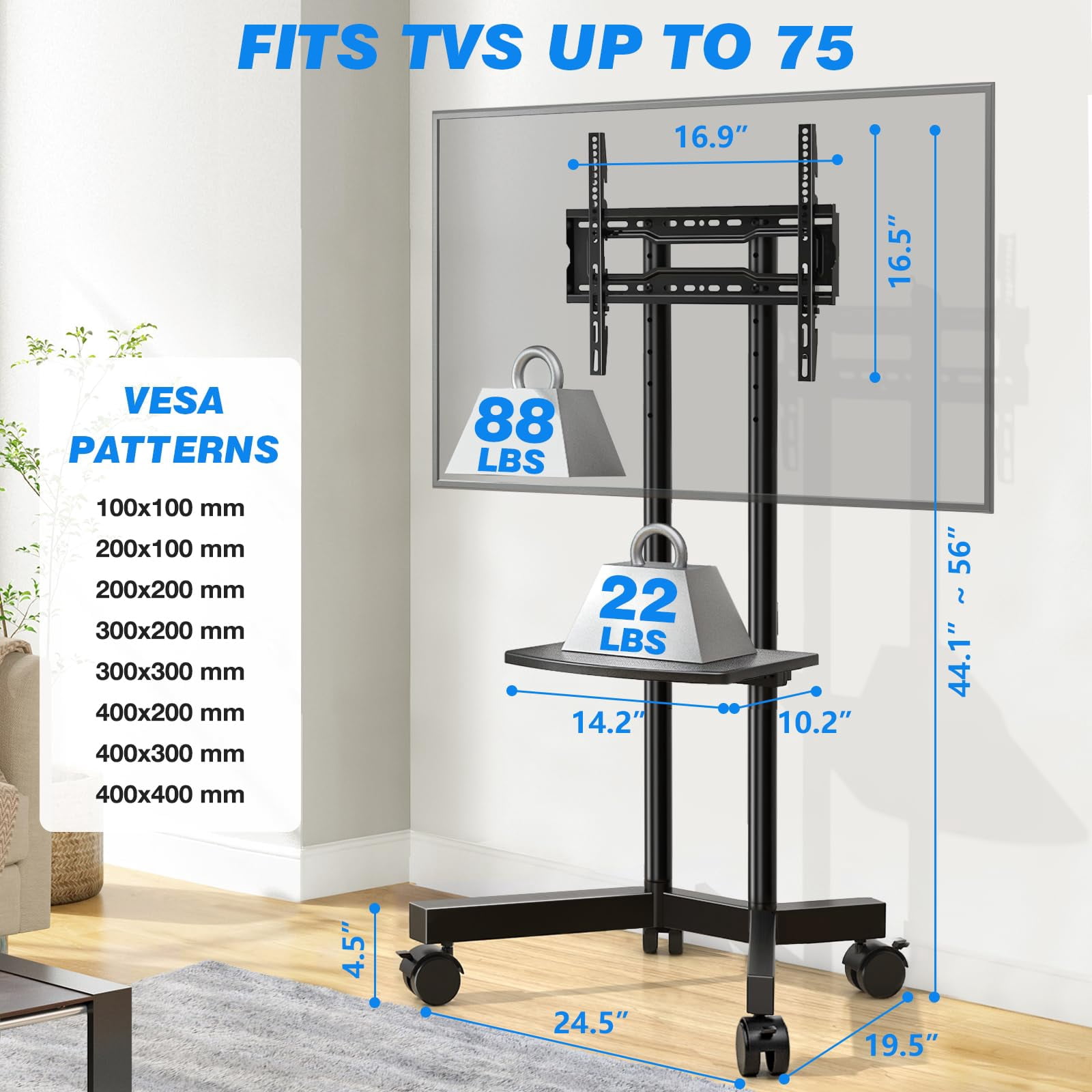 Rolling TV Stand with Laptop Shelf, Mobile TV Stand with Upgraded Wheels for 32-75 Inch TVs, Height Adjustable Mobile TV Cart up to 88lbs, Portable TV Mount Stand for Outdoor, Home, Office