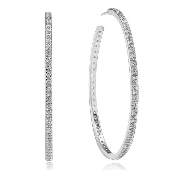 Prong Set Extra Large Hoop Earrings with Artificial Round Brilliant Melee Diamonds by Diamond Essence set in Sterling Silver