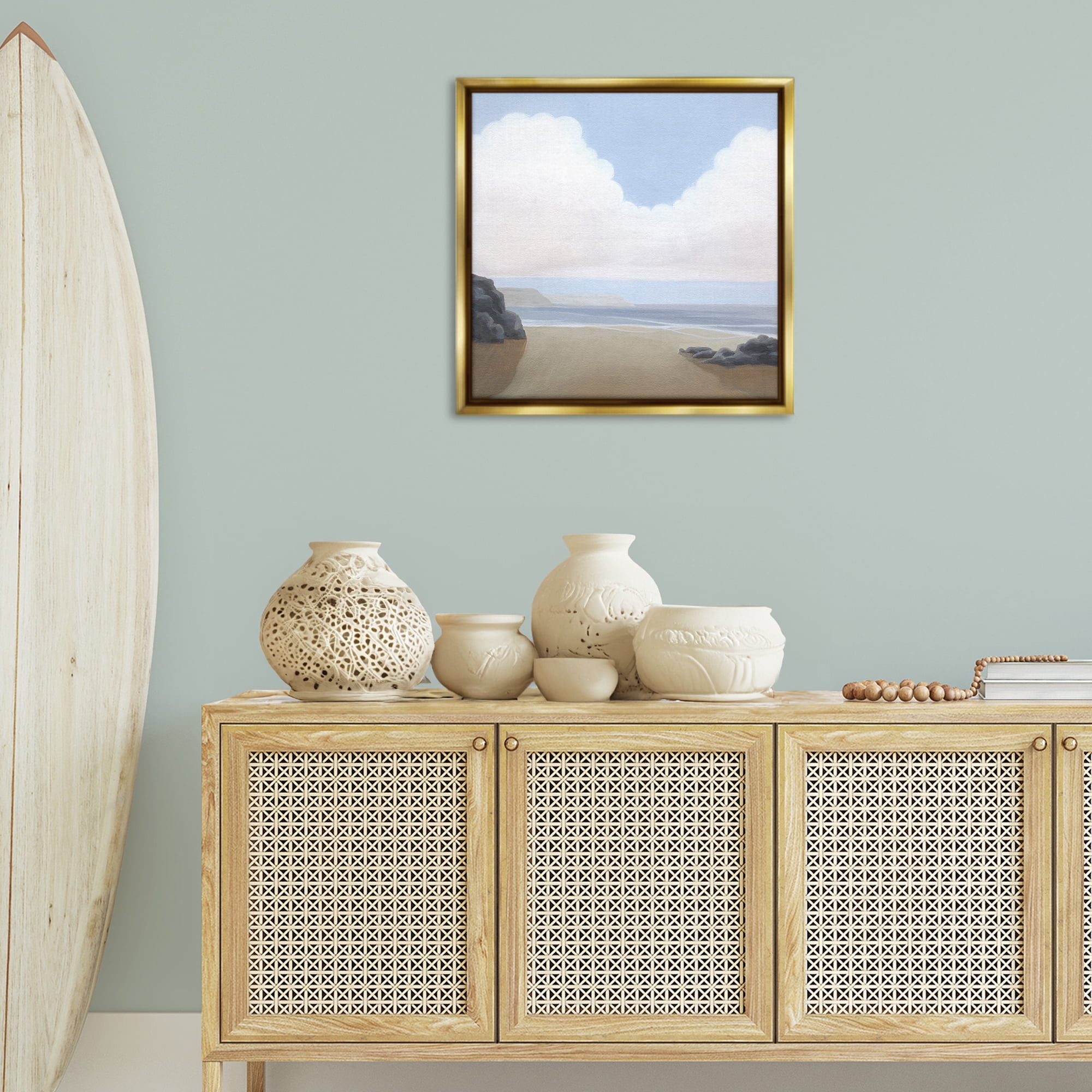Stupell Industries Fluffy Clouds Over Beach Landscape Painting Gold Floater Framed Canvas Art Print Wall Art, 25 x 25