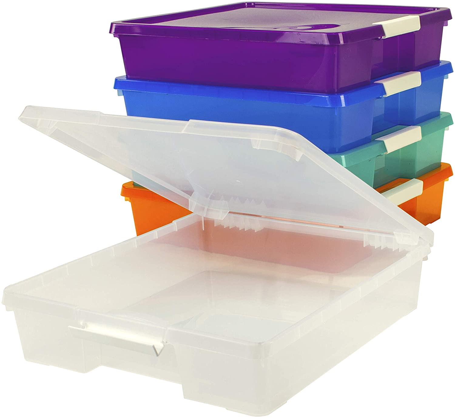 Classroom Craft Project Box – Stacking Plastic Organizer Fits 12x12 Scrapbooking Paper, Assorted STEAM Colors, 5-Pack