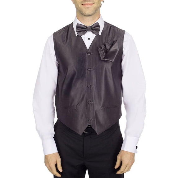 Men's Solid Fomal Vest, Bow Tie, & Hanky Charcoal for Tuxedo and Suit