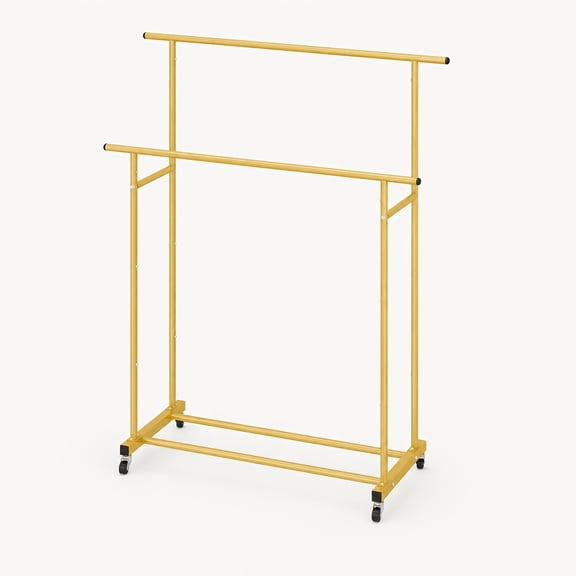 Gold Double Rod Rolling Garment Rack with Wheels, Freestanding Metal Clothes Rack for Bedroom, Laundry Room and Clothing Display,