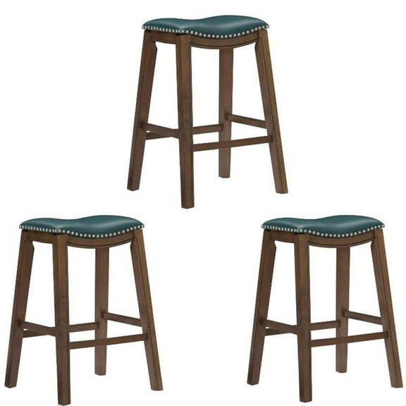 Home Square 3 Piece 29" Upholstered Faux Leather Saddle Bar Stool Set in Green