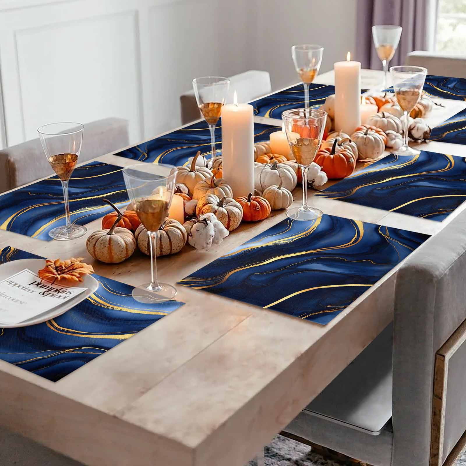 Dark Blue Abstract Marble Texture Placemats Set of 8, Gold Fluid Art Lines Table Mats Washable Heat-Insulation Non-Slip Place Mats for Kitchen Dinner Table Indoor Outdoor Decor,13x19 Inch