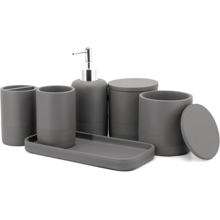 Gray Bathroom Accessories Set 6 Pieces - Toothbrush Holder Lotion Dispenser Qtip Container Vanity Tray Tumbler - Countertop Organizer for Bathrooms - Elegant and Functional Décor Set