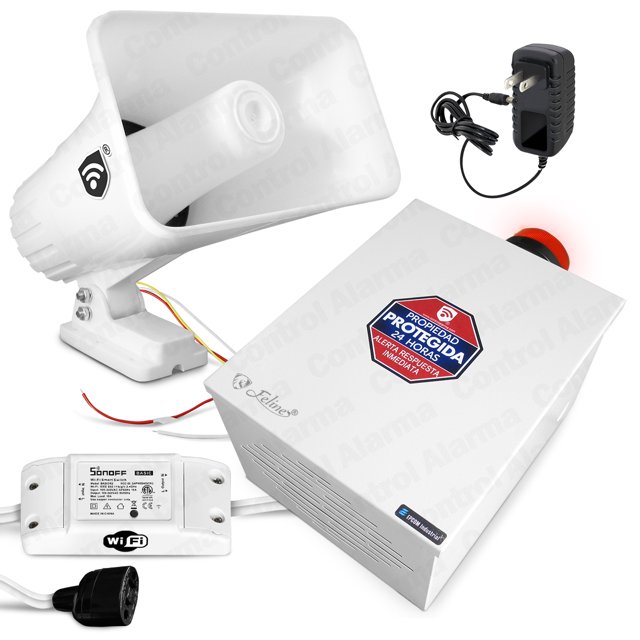 Alarma Vecinal Wifi Control Alarma Feline Con Sirena Tipo Banco 2 tonos Más Smart Socket y Caja Metálica Con Estrobo
