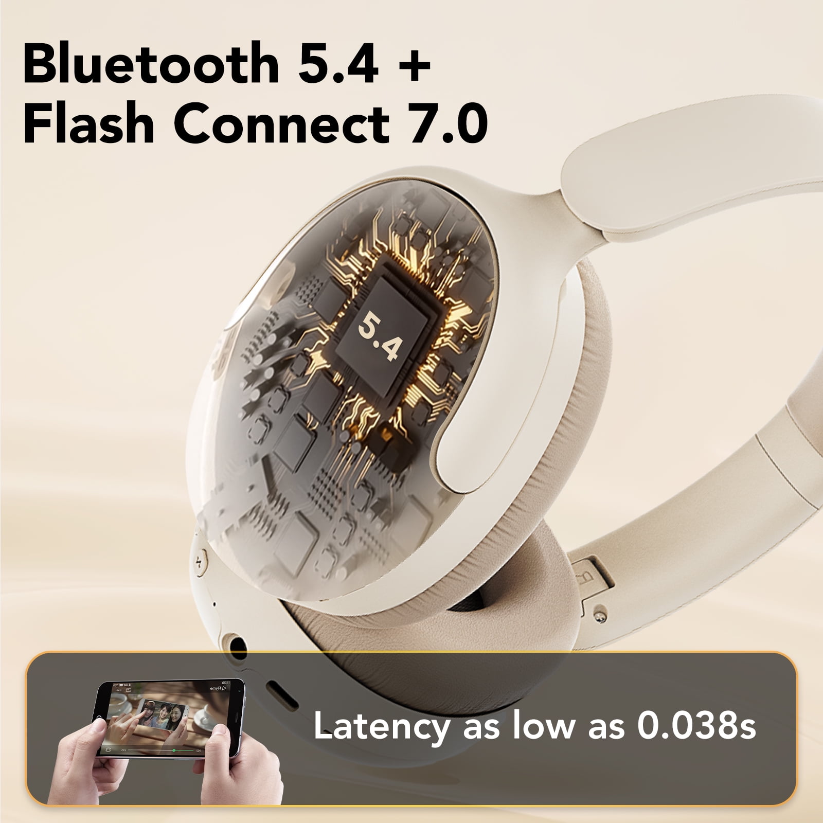 Hybrid Active Noise Cancelling -45dB, Bluetooth Headphones 5.4, 50H Playtime, Clear Call with 4 Mics, Bass Boosted by 90%, Comfort Fit Over Ear Headphones for Travel Home Office PC Beige