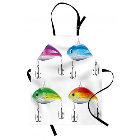 Trout Trap - Fishing Apron Collection of Fishing Lures in Trout Shape Trap for Sea Mammals Creatures Picture, Unisex Kitchen Bib Apron with Adjustable Neck for Cooking Baking Gardening, Multicolor, by Ambesonne