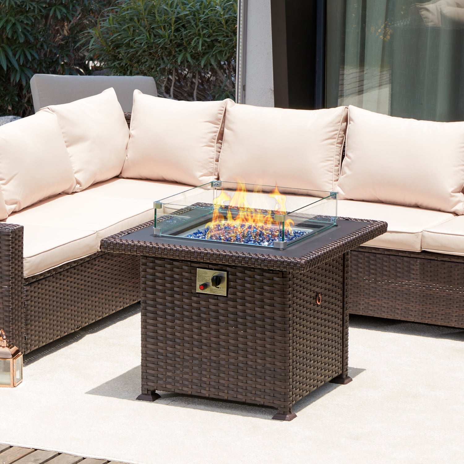 Erommy 44 Inch Outdoor Propane Fire Pit Table 50,000 BTU Gas Fire Pit Table,Wicker PE Rattan with Glass Wind Guard,Clear Glass Rocks,Cover- Brown Erommy 44 Inch Outdoor Propane Fire Pit Table 50,000 BTU Gas Fire Pit Table,Wicker PE Rattan with Glass Wind Guard,Clear Glass Rocks,Cover- Brown