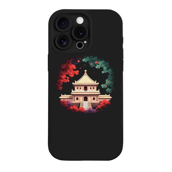 Stylish iPhone 15 Pro Case - Lightweight Yellowing Resistant with Elegant East Asian Pagoda & Cherry Blossom Design