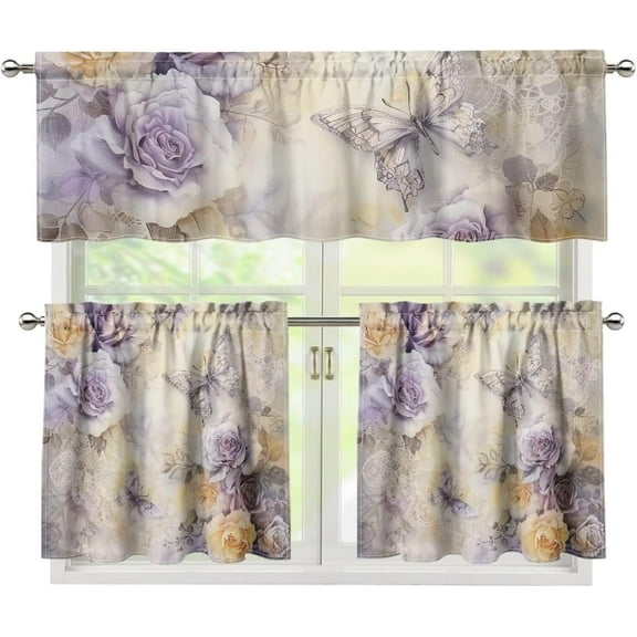 Butterfly Rose Home Kitchen Curtains Window Curtains Valance and Tier Set 3 Piece Set Rod Pocket Short Curtains, Vintage Cream Farmhouse Kitchen Dining Room Decor
