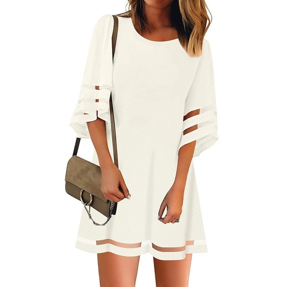 Women's O Neck Mesh Panel Blouse 3/4 Bell Sleeve Loose Top Shirt Dress