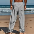 thumbnail image 4 of Wyobmus Lightweight Linen Pants for Men Solid Color Button Elastic Waist Drawstring Pants Baggy Straight Pant Summer Beach Pants Breathable Trousers Gray, 4 of 7
