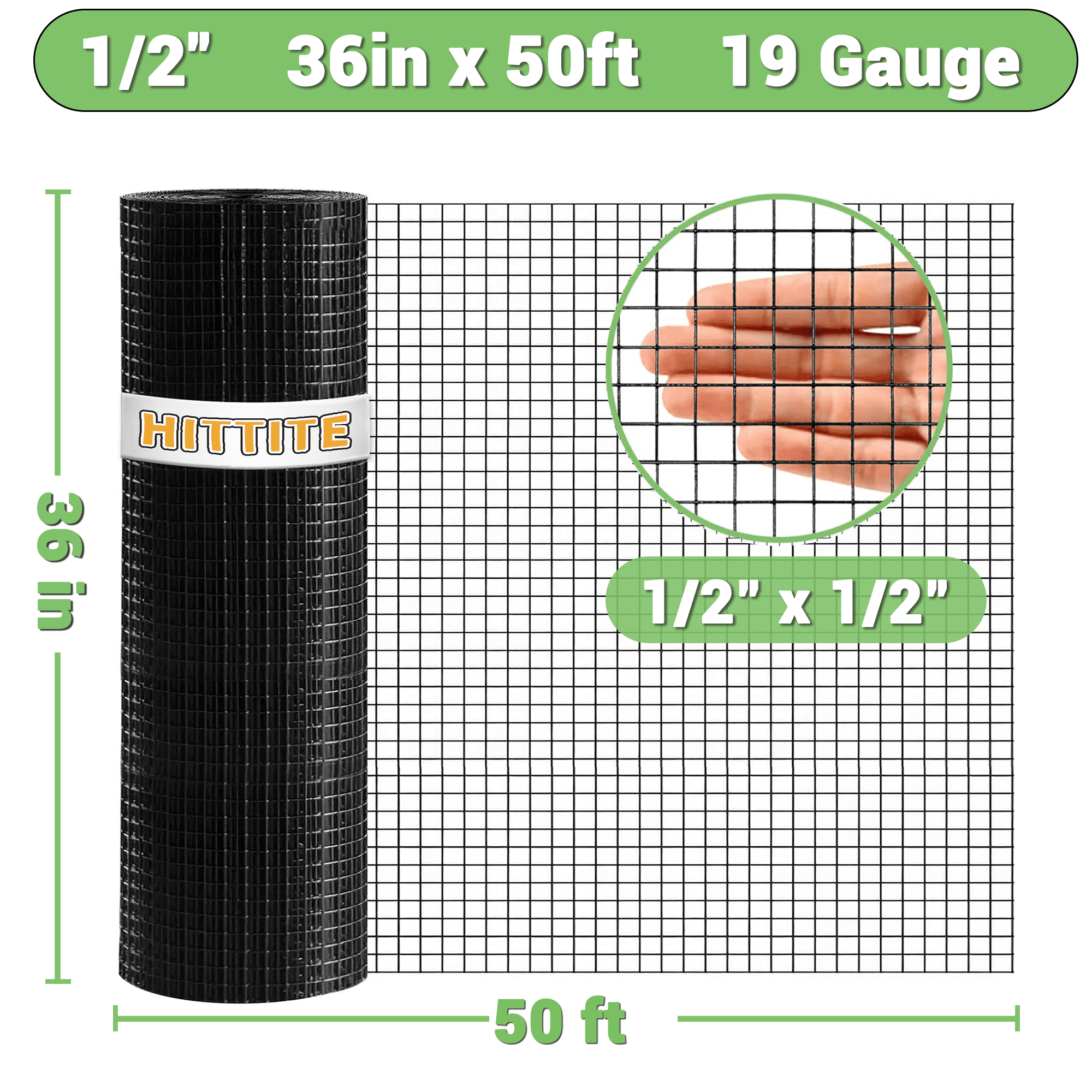 HITTITE Hardware Cloth 1/2 inch 36 x 50 ft, 19 Gauge Black PVC Coated Fence Wire Mesh Roll, Galvanized Welding Vinyl Coated Hardware Cloth for Chicken Coop and Home Improvement Projects.