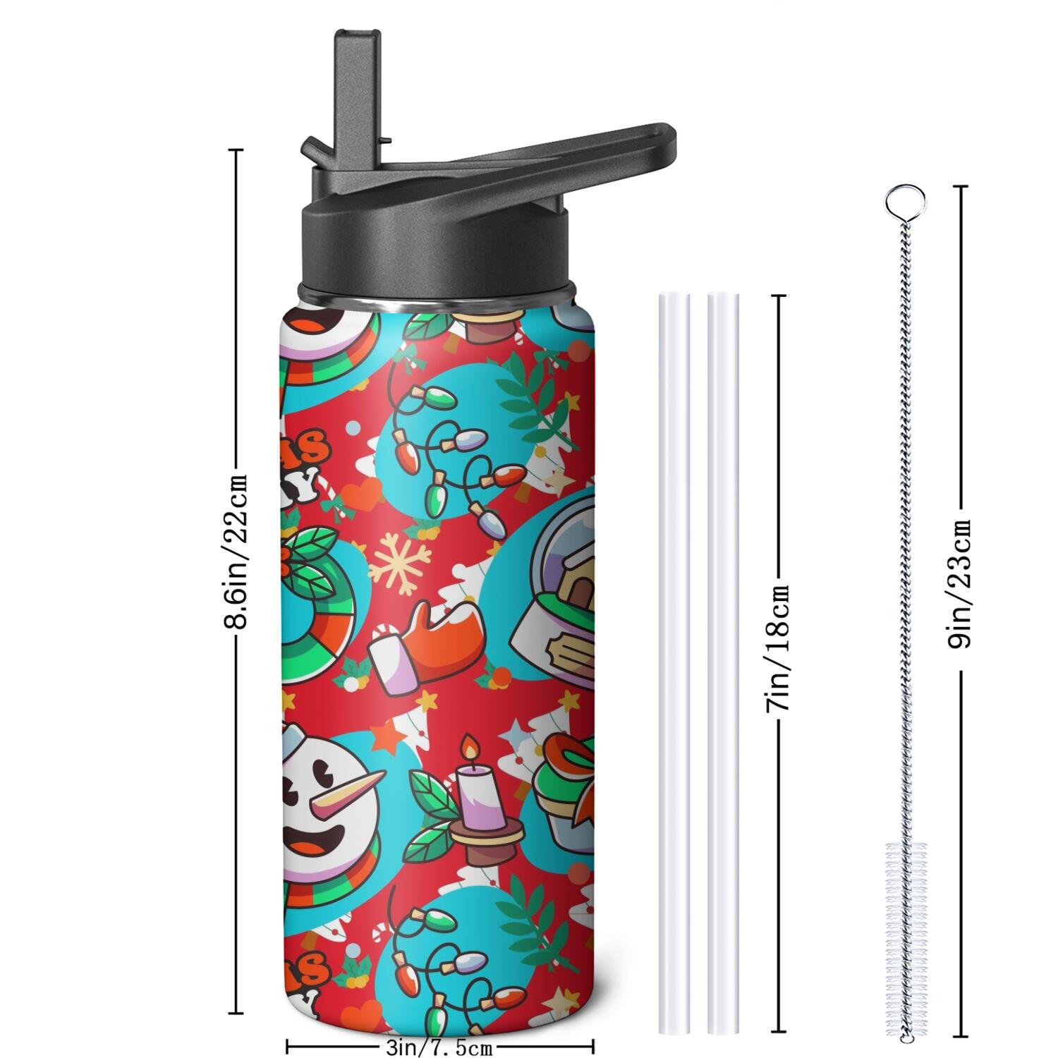 Christmas 18 oz Insulated Stainless Steel Water Bottle with Straw & Cleaning Brush , Leakproof, BPA-Free, 304 Stainless Steel, Wide Mouth, Travel Mug for Car, Gym, Office
