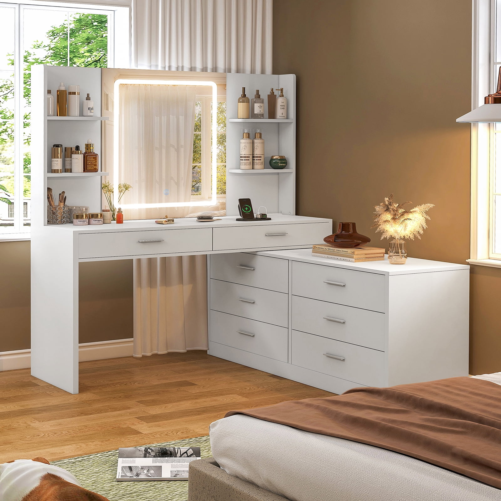 TEENFON Large Makeup Vanity with LED Light Mirror & Power Outlet, 8 Drawers, 3 Color Modes & Adjustable Brightness Corner Vanity, L Shape Vanity, Dressing Table, White