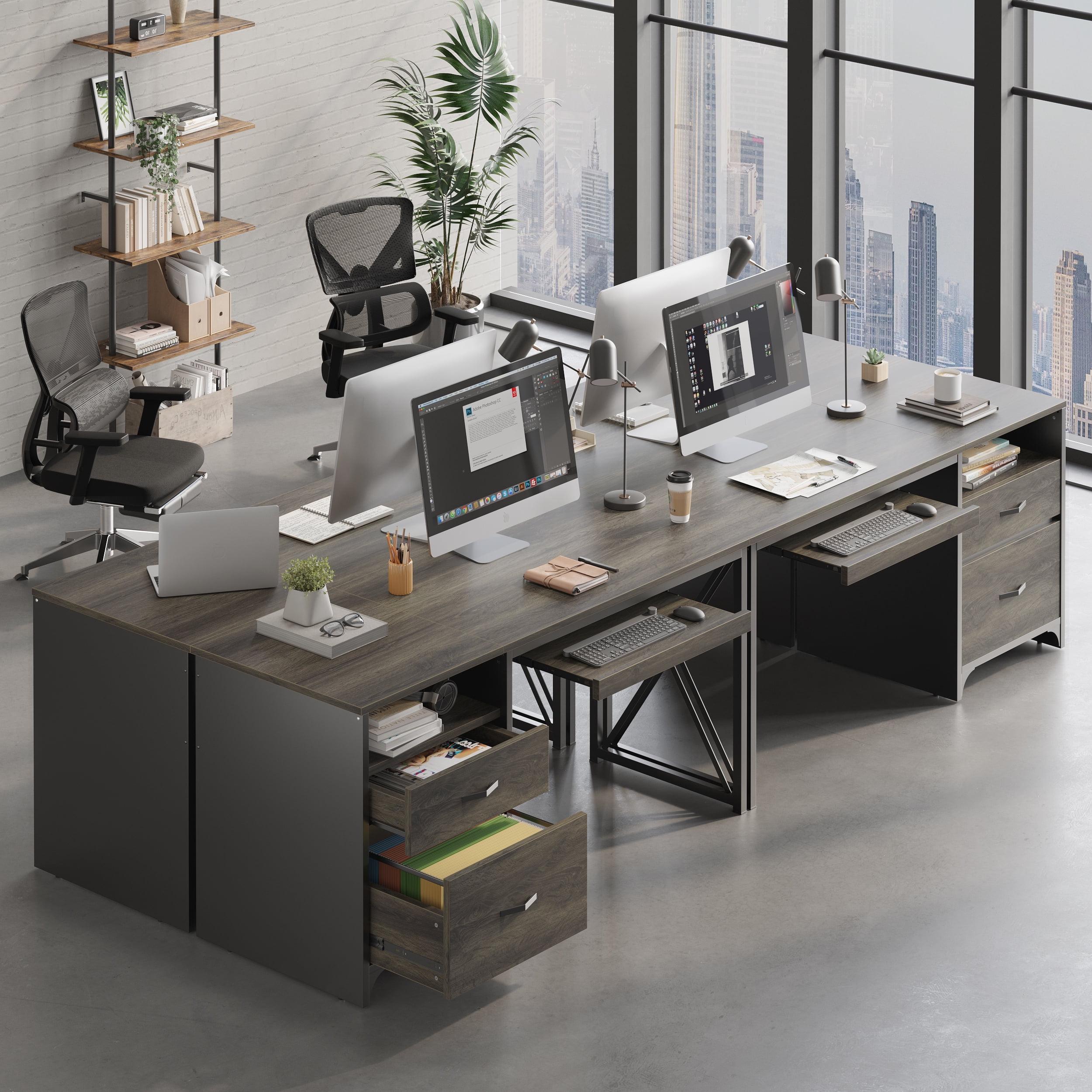 Bestier 55 inch Computer Desk with Drawers & Keyboard Tray & File Cabinet Home Office Desk in Grey
