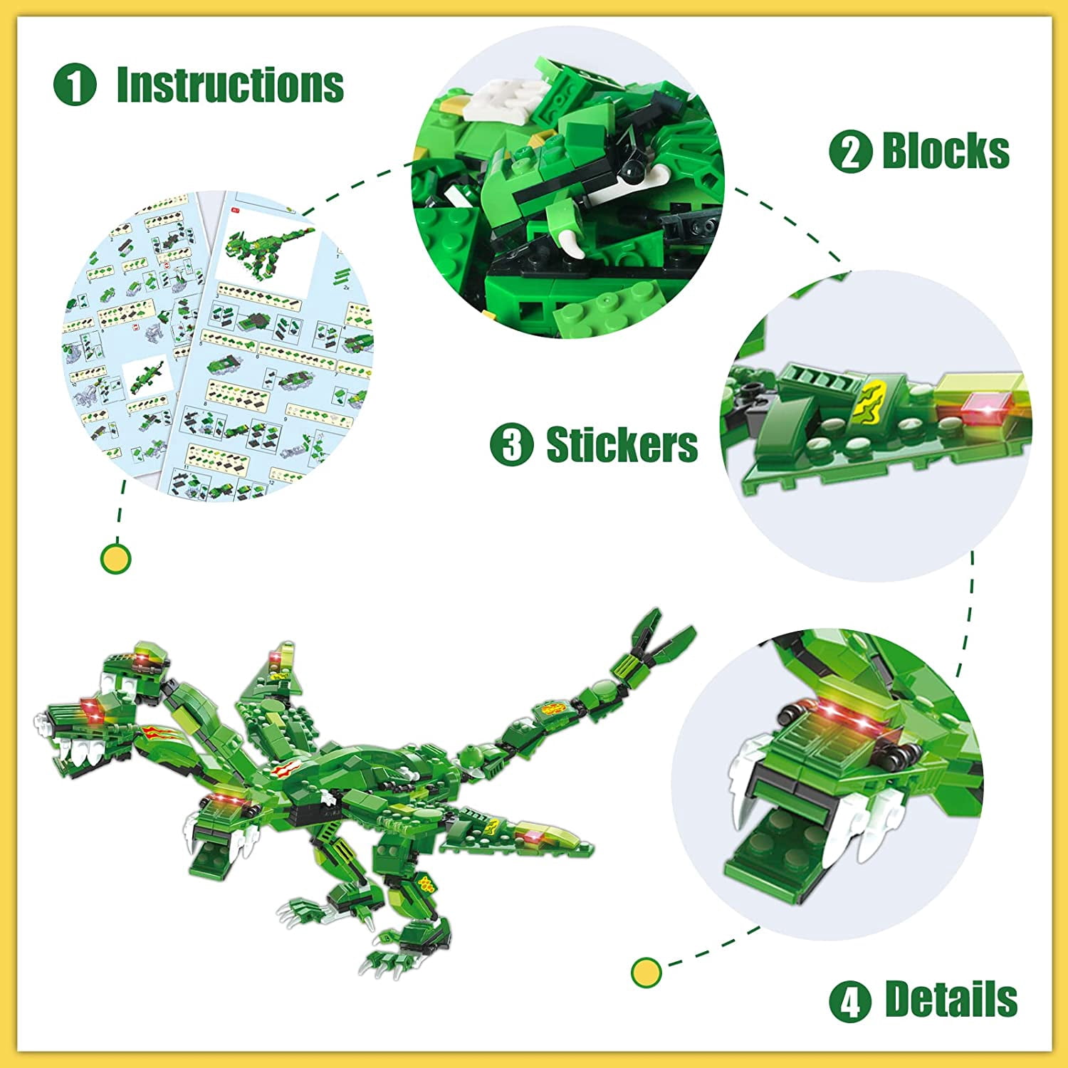 876 Pcs Dinosaurs Building Toys Set, 8 in 1 Building Blocks Kit with Storage Bucket, ENP 3 Headed Dinosaur Toys for Boys Girls, Gifts for Kids 6-12, Green