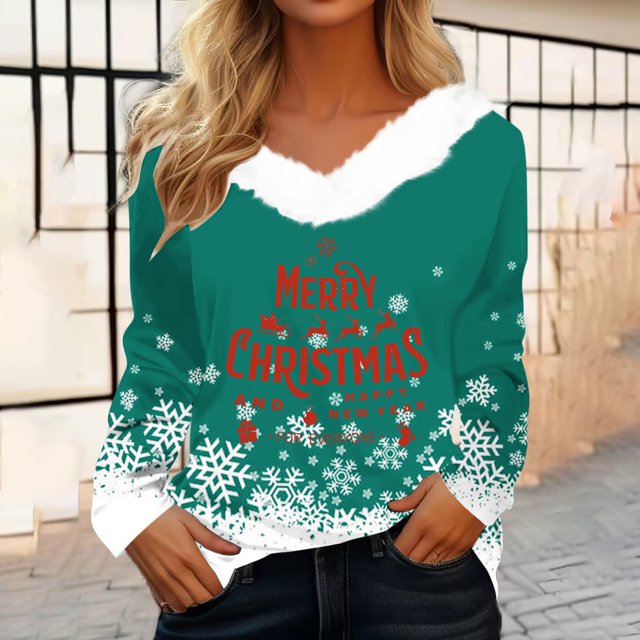 Offres Flash! Aqestyerly Haut de Noël à Manches Longues pour Femmes, Col en V, Mode Décontractée