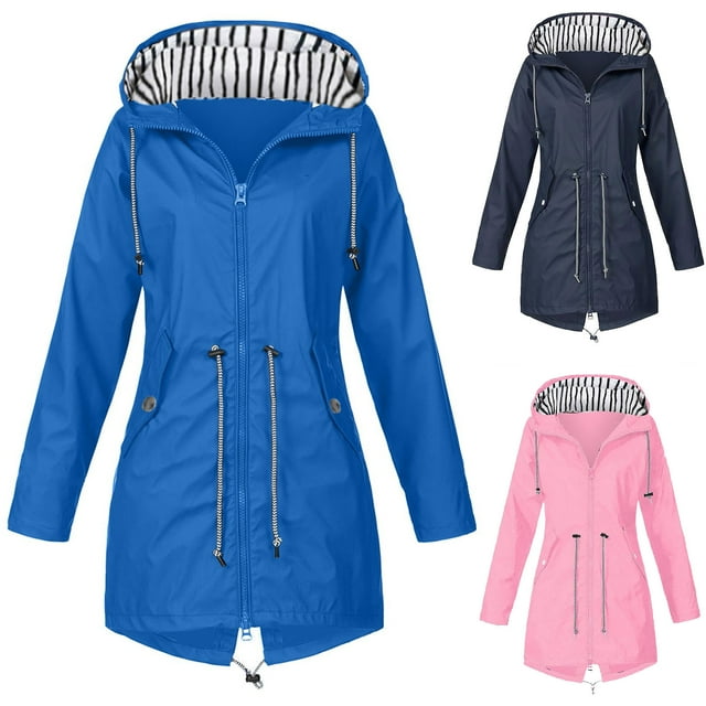 CFLVAEK Plus Size Rain Jackets for Women Lightweight Waterproof Windbreaker Zip Up Raincoat with Pockets Fall Winter Adjustable Drawstring Long Rain Jacket Pink XXXXL